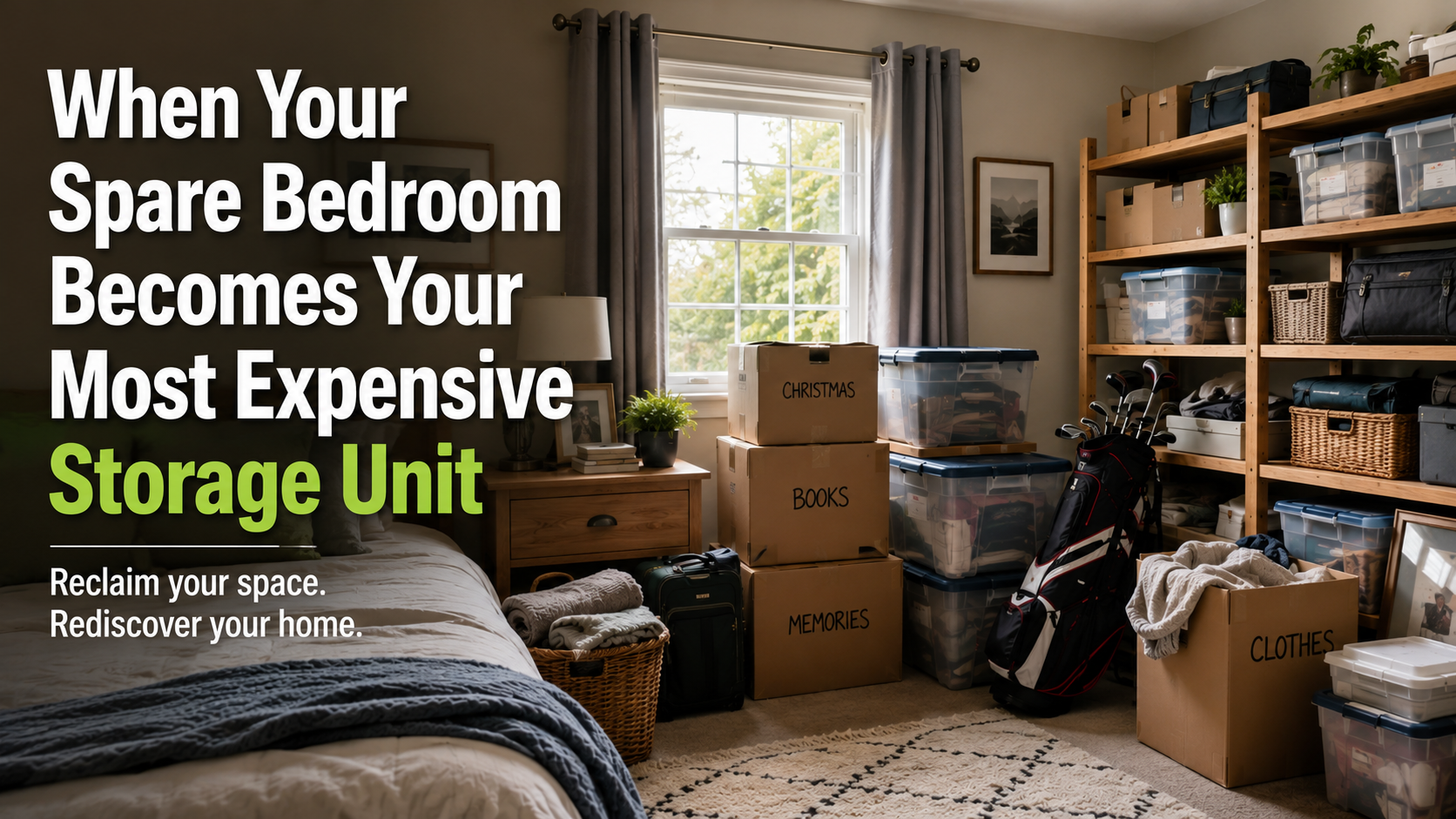 Spare bedroom storage in a UK home showing boxes, suitcases and household items that could be stored in a self storage unit.